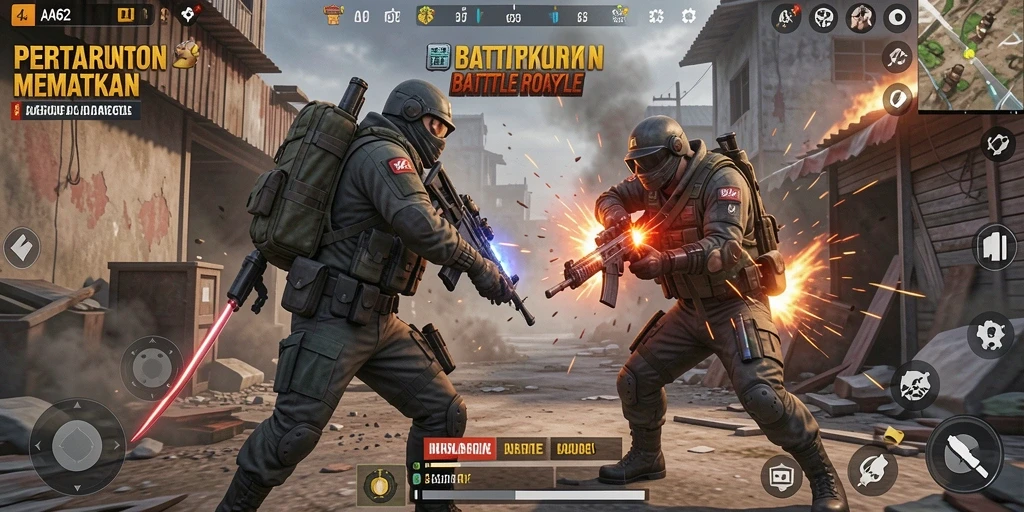 Tangkapan layar AA62 menampilkan aksi seru dalam game Battle Royale.
