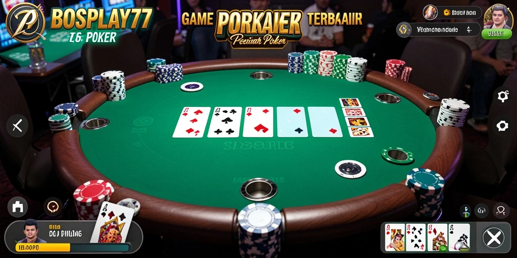 Screenshot utama BOSPLAY77 dengan tampilan gameplay Poker yang seru.