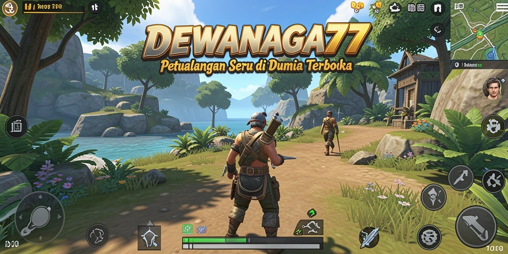 Screenshot gameplay DEWANAGA77 dengan pemandangan dunia terbuka yang menakjubkan.
