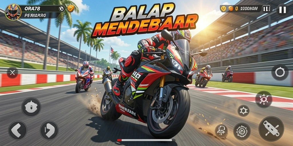 Tampilan gameplay balap motor yang mendebarkan dan realistis.