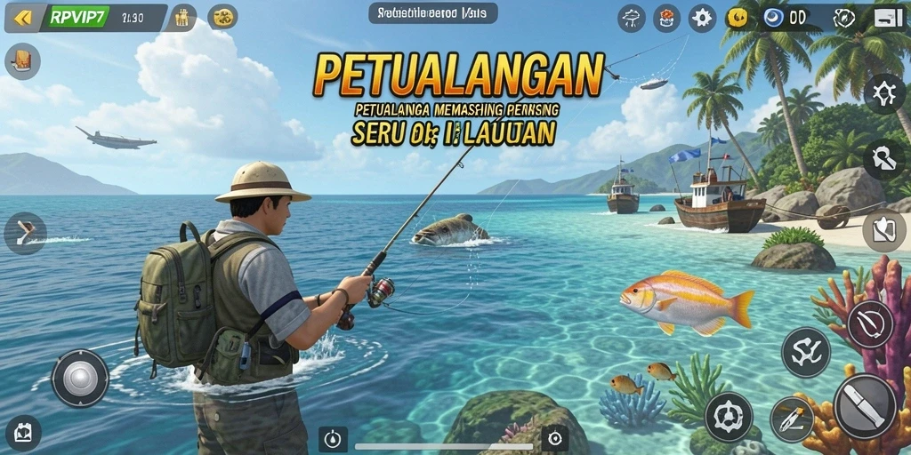 Tampilan gameplay RPVIP7 yang menarik saat memancing di laut.