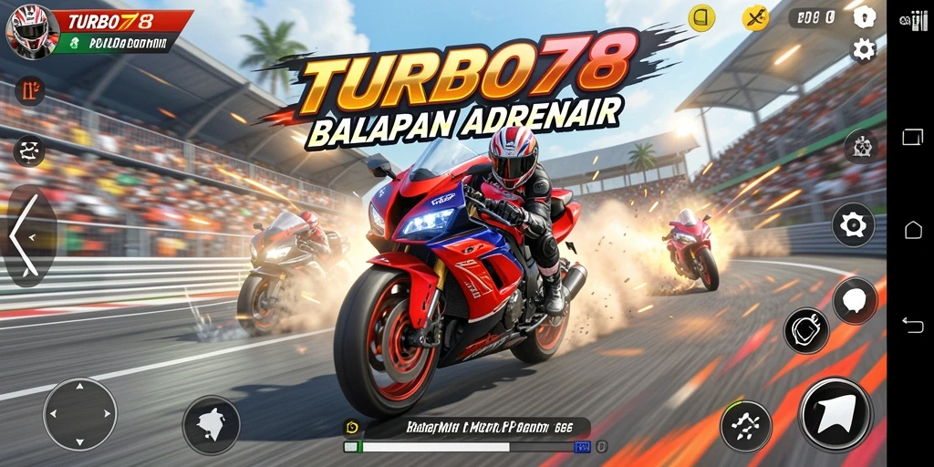 Screenshot TURBO78 menampilkan gameplay balapan motor yang seru dan mendebarkan.